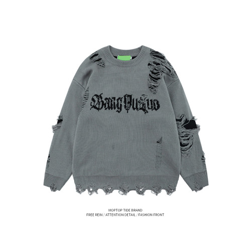 WHXS潮牌刀割破洞毛衣字母提花潮牌hiphop情侶針織衫上衣