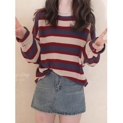 復古配色米紅藍寬條紋 卷邊 寬松針織衫毛衣女2024秋冬新款打底衫