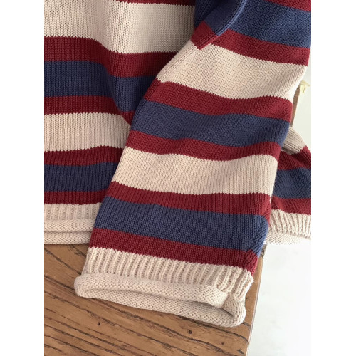 復古配色米紅藍寬條紋 卷邊 寬松針織衫毛衣女2024秋冬新款打底衫 復古配色米紅藍寬條紋 卷邊 寬松針織衫毛衣女2024秋冬新款打底衫