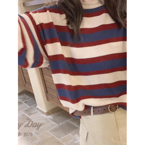 復古配色米紅藍寬條紋 卷邊 寬松針織衫毛衣女2024秋冬新款打底衫 復古配色米紅藍寬條紋 卷邊 寬松針織衫毛衣女2024秋冬新款打底衫