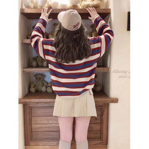 復古配色米紅藍寬條紋 卷邊 寬松針織衫毛衣女2024秋冬新款打底衫 復古配色米紅藍寬條紋 卷邊 寬松針織衫毛衣女2024秋冬新款打底衫