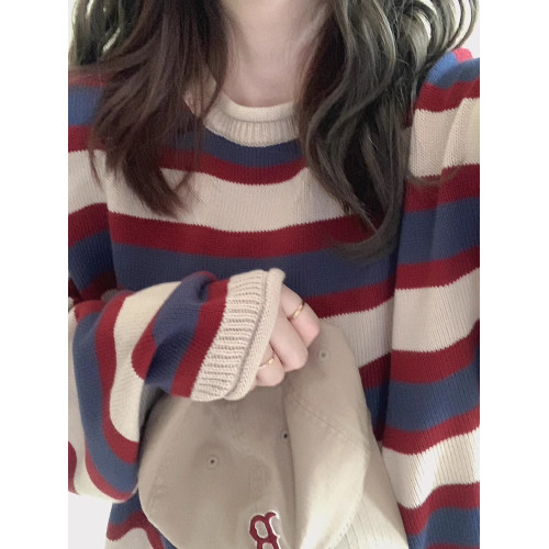 復古配色米紅藍寬條紋 卷邊 寬松針織衫毛衣女2024秋冬新款打底衫 復古配色米紅藍寬條紋 卷邊 寬松針織衫毛衣女2024秋冬新款打底衫