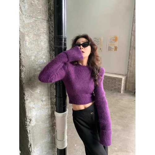 美式復古氣質紫色針織衫女冬裝今年流行短款毛衣獨特性感上衣外套