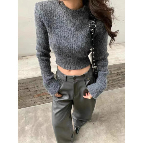 美式復古氣質紫色針織衫女冬裝今年流行短款毛衣獨特性感上衣外套