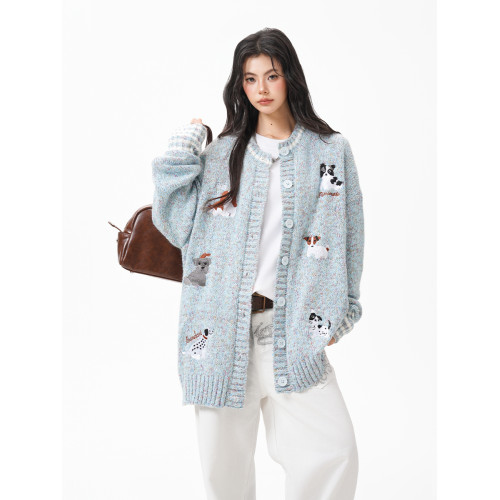 童趣小狗提花毛衣開衫女男秋季新款寬松慵懶風針織衫休閒百搭外套 童趣小狗提花毛衣開衫女男秋季新款寬松慵懶風針織衫休閒百搭外套