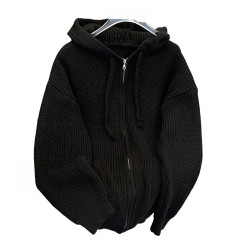 秋冬季拉鍊開衫毛衣男潮牌復古慵懶極簡風休閒寬松連帽針織衫外套