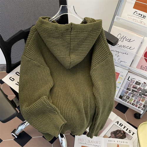 秋冬季拉鍊開衫毛衣男潮牌復古慵懶極簡風休閒寬松連帽針織衫外套