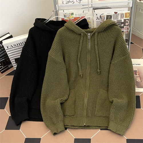 秋冬季拉鍊開衫毛衣男潮牌復古慵懶極簡風休閒寬松連帽針織衫外套