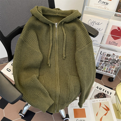 秋冬季拉鍊開衫毛衣男潮牌復古慵懶極簡風休閒寬松連帽針織衫外套