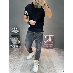 短袖針織衫翻領上衣男士半袖毛衫彈力緊身毛線衣半截袖polo衫線衣