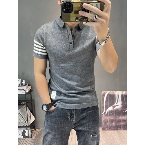 短袖針織衫翻領上衣男士半袖毛衫彈力緊身毛線衣半截袖polo衫線衣