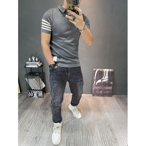 短袖針織衫翻領上衣男士半袖毛衫彈力緊身毛線衣半截袖polo衫線衣