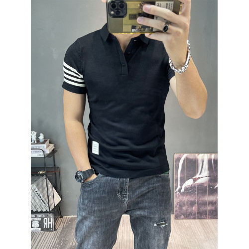 短袖針織衫翻領上衣男士半袖毛衫彈力緊身毛線衣半截袖polo衫線衣