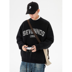 男道秋冬季復古字母提花毛衣男圓領慵懶風寬松保暖打底衫毛線衣潮