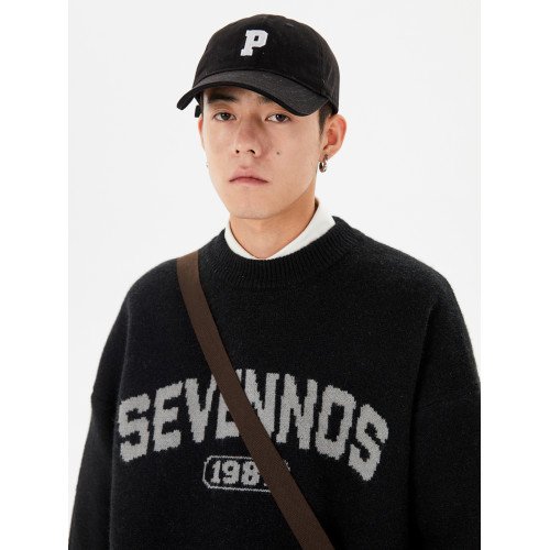 男道秋冬季復古字母提花毛衣男圓領慵懶風寬松保暖打底衫毛線衣潮