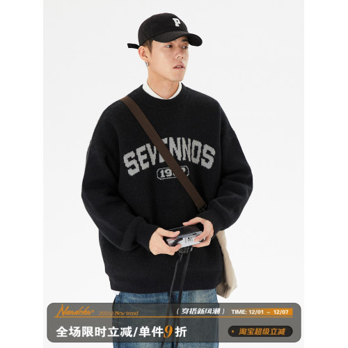 男道秋冬季復古字母提花毛衣男圓領慵懶風寬松保暖打底衫毛線衣潮