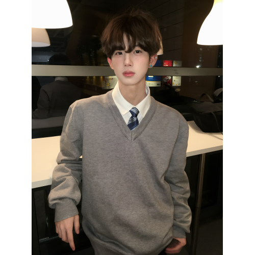 【刺篇】dk製服純色基礎款長袖毛衣學院風學生V領套頭男針織上衣