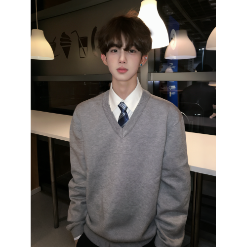 【刺篇】dk製服純色基礎款長袖毛衣學院風學生V領套頭男針織上衣