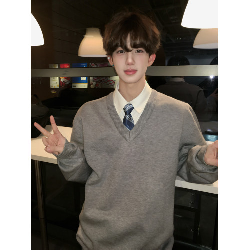 【刺篇】dk製服純色基礎款長袖毛衣學院風學生V領套頭男針織上衣