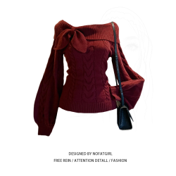 大碼胖mm洋氣減齡露肩蝴蝶結針織衫女秋冬新款設計感收腰紅色毛衣