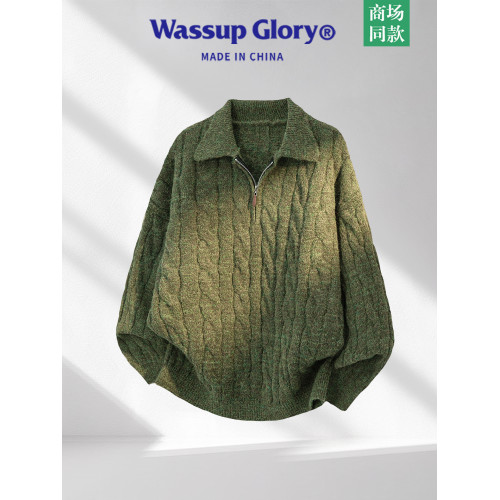 WASSUP GLORY半拉鍊繙領毛衣男秋冬美式風麻花針織衫復古寬鬆毛衫