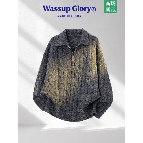 WASSUP GLORY半拉鍊繙領毛衣男秋冬美式風麻花針織衫復古寬鬆毛衫