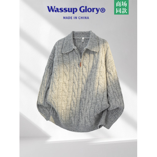 WASSUP GLORY半拉鍊繙領毛衣男秋冬美式風麻花針織衫復古寬鬆毛衫