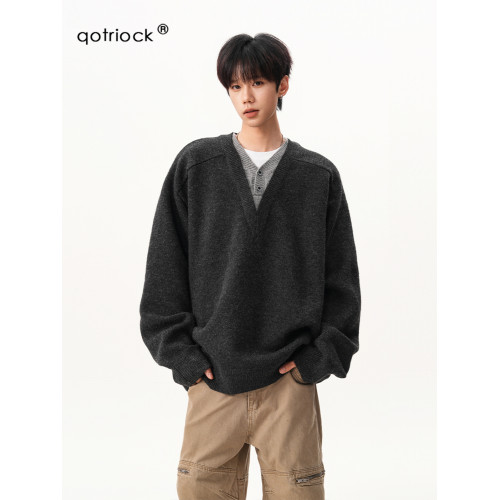 假兩件V領針織衫毛衣男秋冬新款復古慵懶風polo套頭寬鬆長袖外套 假兩件V領針織衫毛衣男秋冬新款復古慵懶風polo套頭寬鬆長袖外套