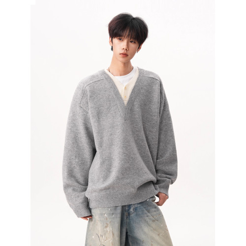 假兩件V領針織衫毛衣男秋冬新款復古慵懶風polo套頭寬鬆長袖外套 假兩件V領針織衫毛衣男秋冬新款復古慵懶風polo套頭寬鬆長袖外套