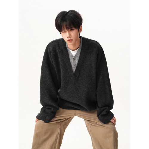 假兩件V領針織衫毛衣男秋冬新款復古慵懶風polo套頭寬鬆長袖外套 假兩件V領針織衫毛衣男秋冬新款復古慵懶風polo套頭寬鬆長袖外套