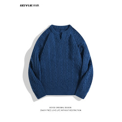 BOYUE帛躍日系麻花重磅小V領套頭毛衣百搭外穿情侶保暖針織衫男女