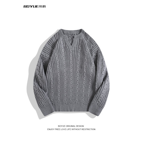 BOYUE帛躍日系麻花重磅小V領套頭毛衣百搭外穿情侶保暖針織衫男女