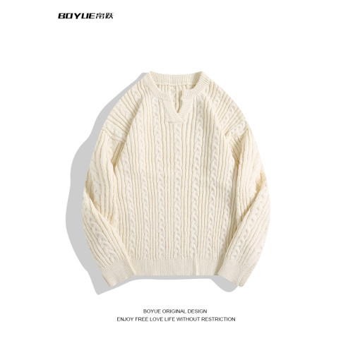 BOYUE帛躍日系麻花重磅小V領套頭毛衣百搭外穿情侶保暖針織衫男女