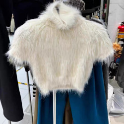 高級感白色水貂絨毛毛高領短袖毛衣女秋冬短款針織半袖打底衫上衣