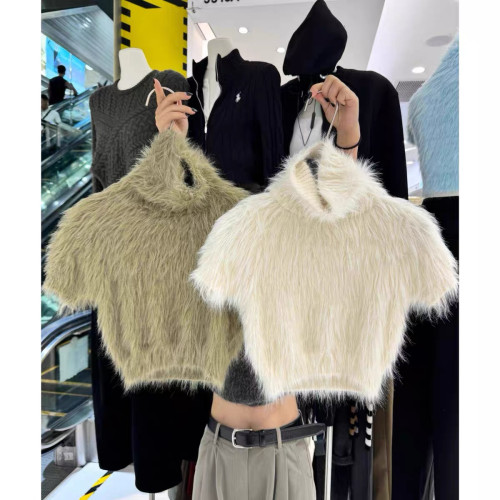 高級感白色水貂絨毛毛高領短袖毛衣女秋冬短款針織半袖打底衫上衣