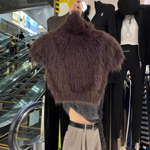 高級感白色水貂絨毛毛高領短袖毛衣女秋冬短款針織半袖打底衫上衣