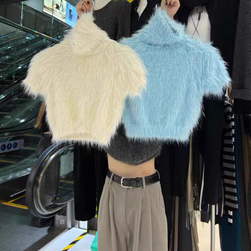 高級感白色水貂絨毛毛高領短袖毛衣女秋冬短款針織半袖打底衫上衣