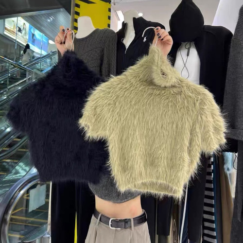 高級感白色水貂絨毛毛高領短袖毛衣女秋冬短款針織半袖打底衫上衣