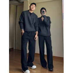 情侶套頭v領毛衣男春秋慵懶松弛感針織衫外套打底黑色內搭高級感