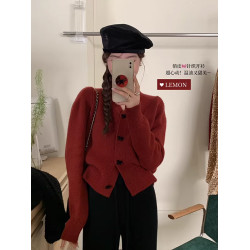 小香風短款白色V領針織開衫女2025春小個子蝴蝶結毛衣外套上衣冬