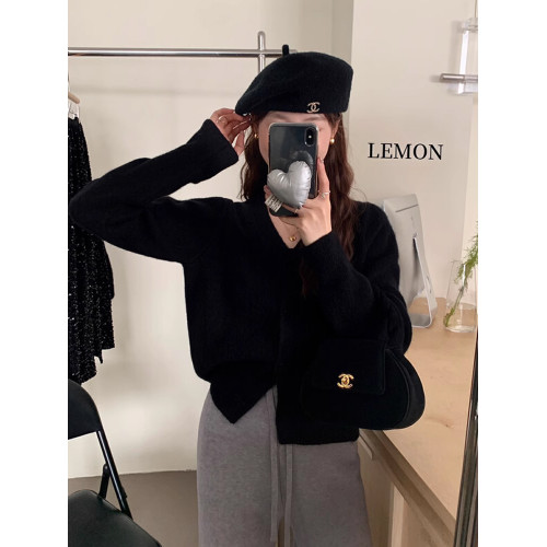 小香風短款白色V領針織開衫女2025春小個子蝴蝶結毛衣外套上衣冬