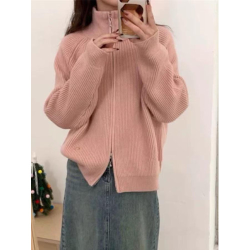 戰馬半高領229秋冬寬松高領毛衣女高級雙頭拉鍊針織開衫上衣外套