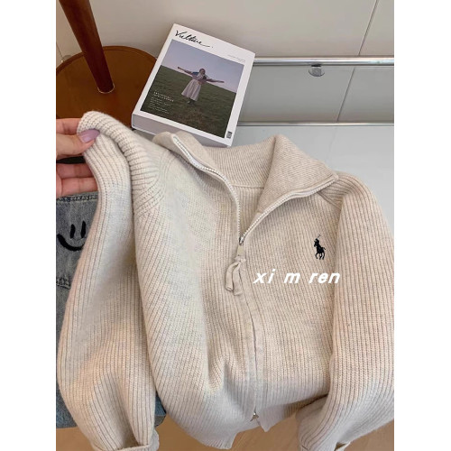 戰馬半高領229秋冬寬松高領毛衣女高級雙頭拉鍊針織開衫上衣外套