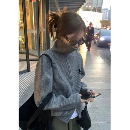 戰馬半高領229秋冬寬松高領毛衣女高級雙頭拉鍊針織開衫上衣外套