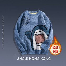 日系卡通鯊魚套頭毛衣男秋冬韓版寬松圓領可愛懶惰加絨加厚針織衫