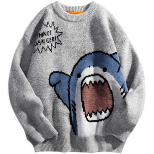 日系卡通鯊魚套頭毛衣男秋冬韓版寬松圓領可愛懶惰加絨加厚針織衫