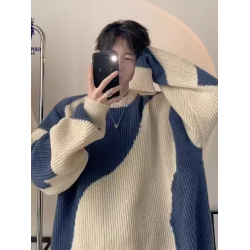 美式高街條紋撞色毛衣男冬季潮牌慵懶風寬松高級感痞帥內搭針織衫