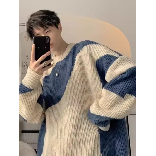 美式高街條紋撞色毛衣男冬季潮牌慵懶風寬松高級感痞帥內搭針織衫