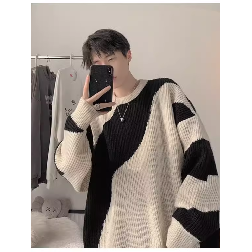 美式高街條紋撞色毛衣男冬季潮牌慵懶風寬松高級感痞帥內搭針織衫