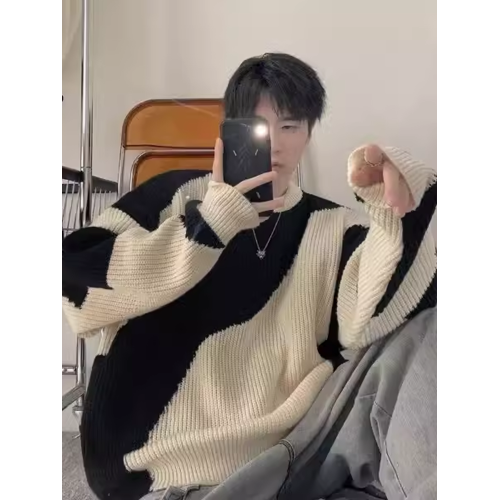 美式高街條紋撞色毛衣男冬季潮牌慵懶風寬松高級感痞帥內搭針織衫